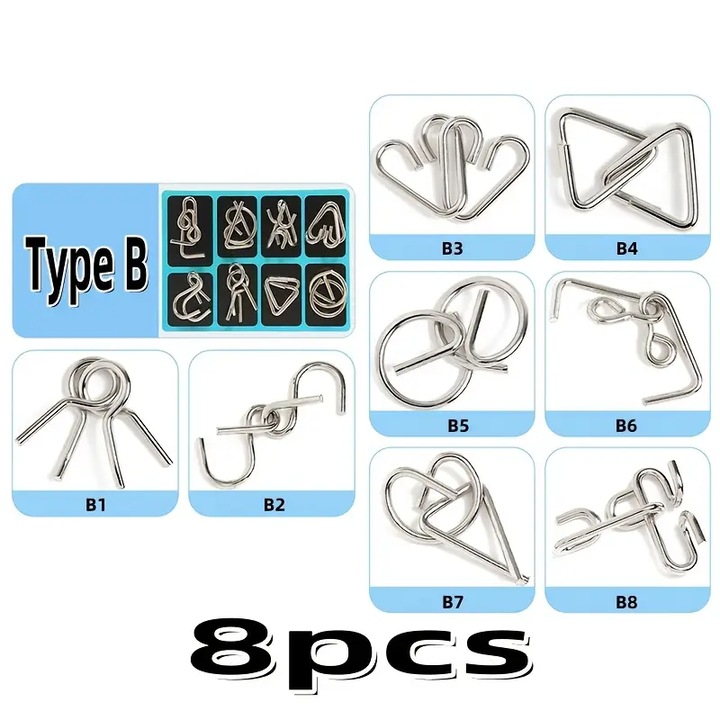 Logikai játékkészlet, Active Minds fém ördöglakat – 8 logikai játék, különböző nehézségi fokozatok, oktatási, tartós kialakítás, kreatív elmék számára tökéletes, IQ-teszt, B típus