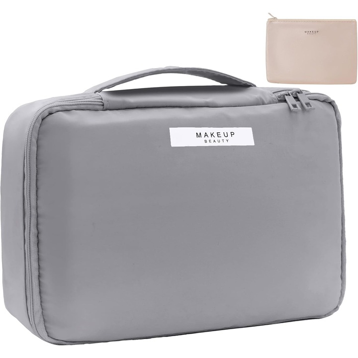 Geanta Cosmetica Calatorie 23x16x8cm, Impermeabila, Gri, cu Portfard Detasabil
