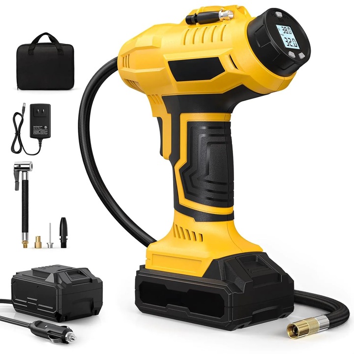 Compresor Auto Portabil Elindor® 150 PSI, Motor Dublu Metalic, Lanterna 120 Lumeni, Oprire Automata, Multifunctionala, Alimentare Dubla AC/DC 220V /12V, Pompa Smart Elecrica pentru Anvelope Masina, Moto, Biciclete, Mingi, Saltele, Gri/Galben