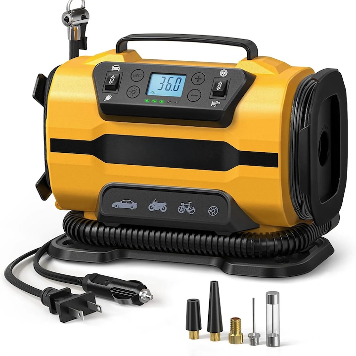 Преносим автомобилен компресор Elindor®, 150 PSI, двойно AC/DC захранване, двоен метален мотор, цифров дисплей, LED светлина, жълт
