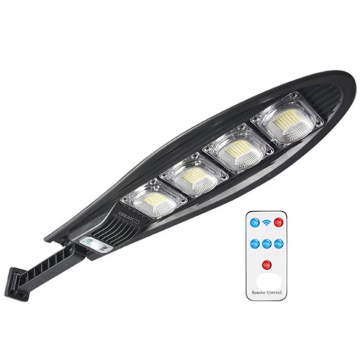 Lampa Solara De Exterior GREATON, Pentru Casa, Gradina, Terasa, Stalp, Lumina Neutra, Control Din Telecomanda, 168 LED SMD, 3 Moduri De Lumina, Senzori de Miscare si Lumina, Brat de Montare, IP65, Accesorii Montaj Inclus, Model W779B2