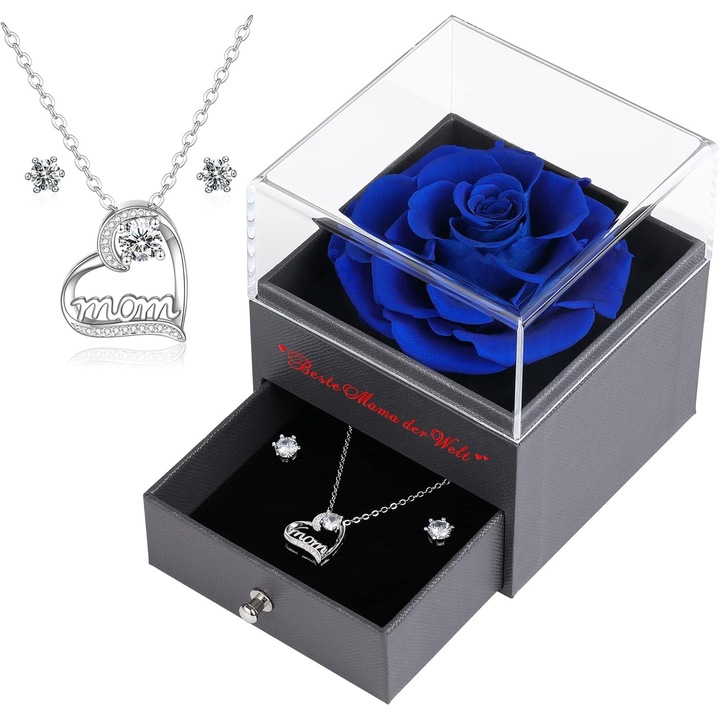 Trandafir criogenat Faneeyo, cu Lantisor in forma de inima si Cercei, pentru mama, cu mesaj Cea mai buna mama din lume, in limba germana, Albastru inchis