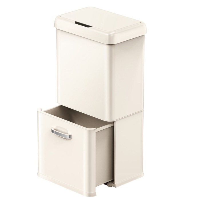 Cos de gunoi cu senzor Eko, Vintage, 50 litri, potrivit pentru colectare selectiva, ideal pentru deschidere/inchidere silentioasa a capacului, 2 cosuri detasabile, butoane touch, indicatoare luminoase, corp din otel inoxidabil, crem