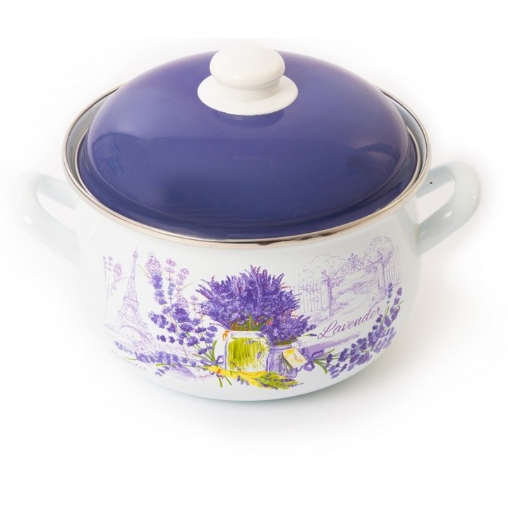 Oala emailata cu capac, diametru 26 cm, capacitate 6.20L, compatibila cu masina de spalat vase, se poate folosi si in cuptor, alb/mov