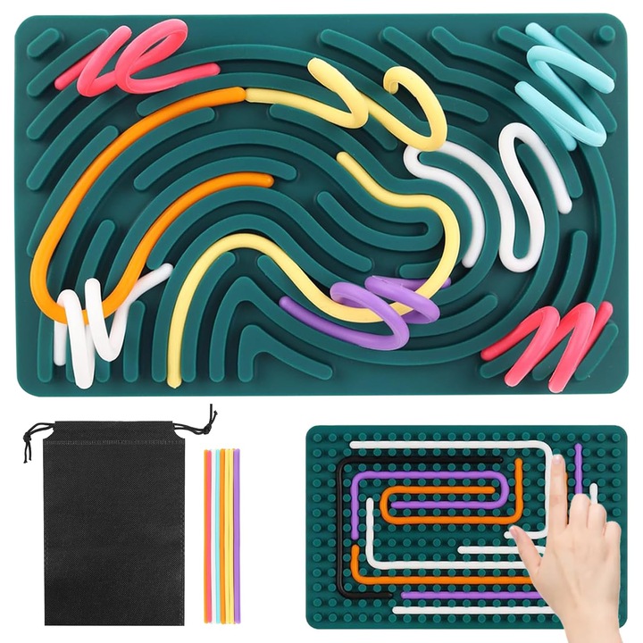 Интелигентна игра, Двустранна сензорна играчка, силиконова, миеща се, 11 лепилни пръчици, 1 дъска, стимулира мисленето и логиката, 11x17 см, зелена