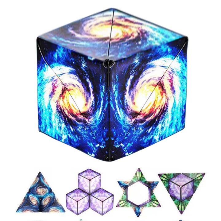 Магнитна интерактивна играчка, Триизмерна геометрия, 3D пъзел Magic Infinite Flip Cube, 70 различни форми, Деца и възрастни, 6x6x6 см, галактика