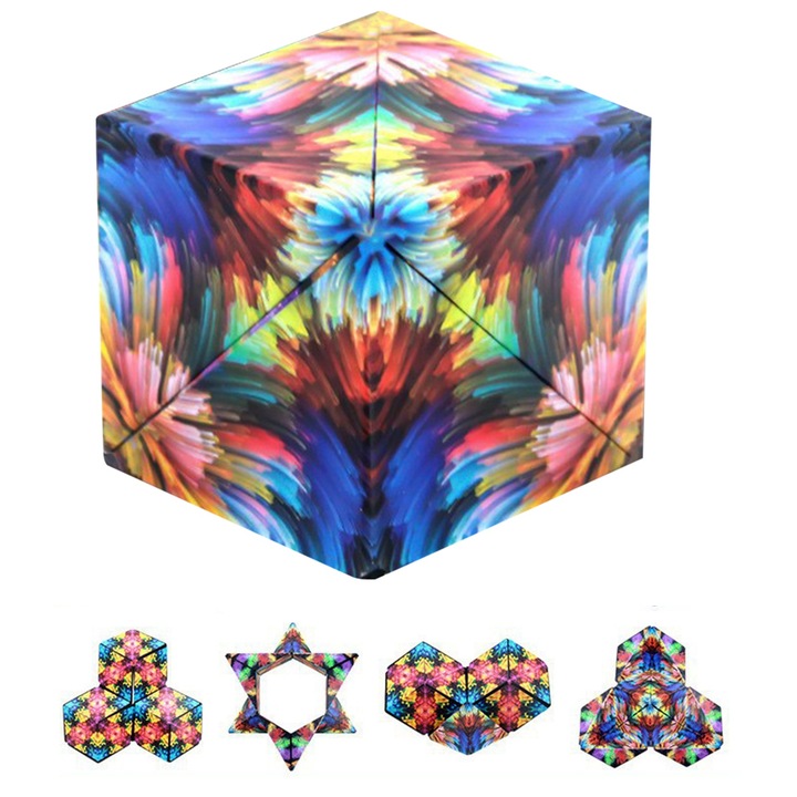Магнитна интерактивна играчка, Триизмерна геометрия, 3D пъзел Magic Infinite Flip Cube, 70 различни форми, Деца и възрастни, 6x6x6 см, Цветен фантом