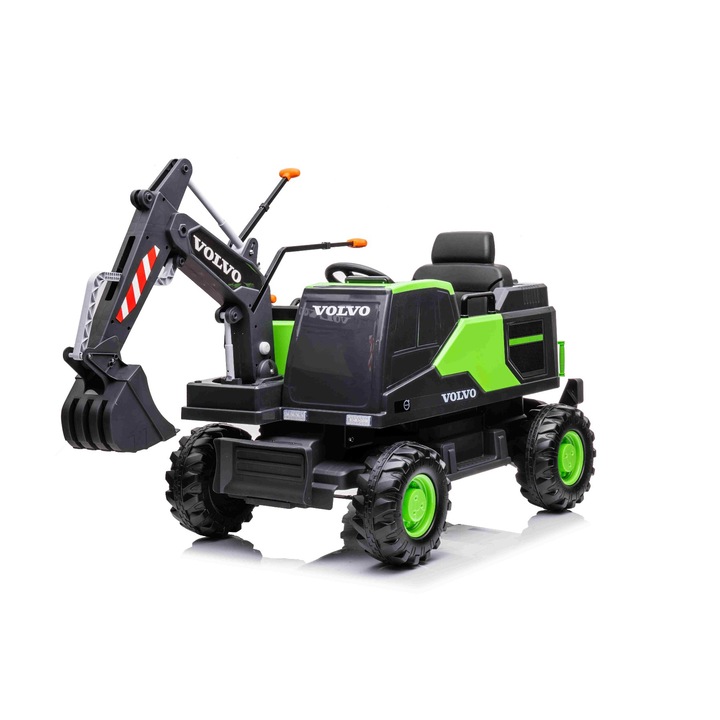Excavator electric Volvo 12V cu cupa, un singur scaun, verde, scaun din piele moale, MP3 Player cu intrare USB/TF/AUX, tractiune spate, Motor 2 x 35W, roti EVA, baterie 12V/14Ah
