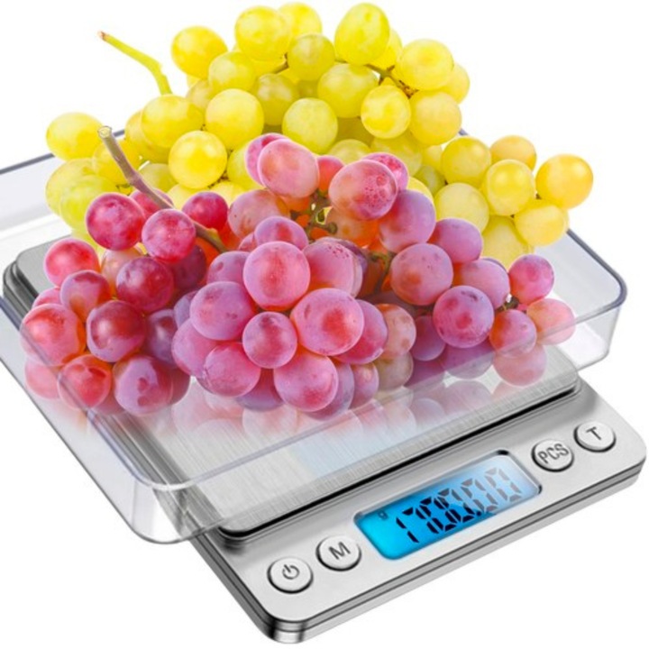 Elektronikus Konyhai Mérleg VarioShop®, LED Kijelző, Nagy Pontosság, Rozsdamentes Acél Platform, TÁRA Funkció, Túlterhelés Jelző, Kapacitás 0.01 g - 0.5 kg, 13 x 10.5 x 1.8 cm, Szürke