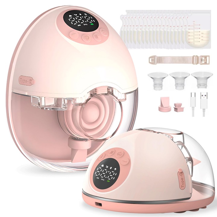 Pompa de San Electrica, BYONDSELF®, Functie de Prompt Vocal, 1200mah, Portabil, cu Functie de Masaj, Design Anti-reflux, cu 20 Pungi de Depozitare a Laptelui, Roz