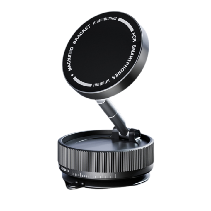 Autós telefon tartó, mágneses és vákuum markolat, teleszkópos kivitel, 360°-ban elforgatható, műszerfalra vagy szélvédőre rögzíthető, fekete