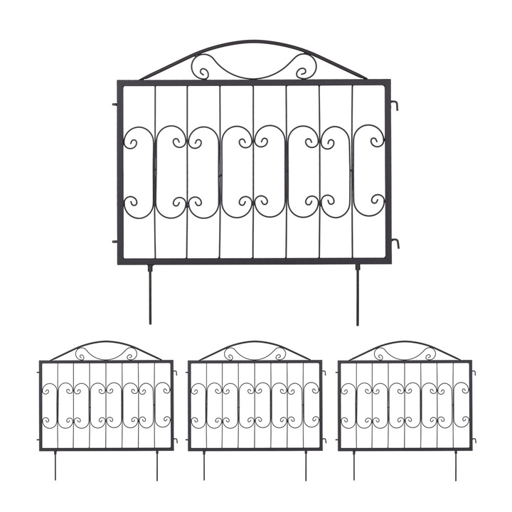 Gard decorativ din 4 piese, Relaxdays, cu infingere in sol, fier, 60 x 60 x 1, 5 cm, negru