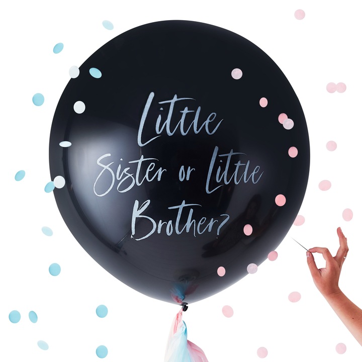 Латексов балон, черен, 96 см, надпис Little Sister или Little Brother?, сини/розови конфети