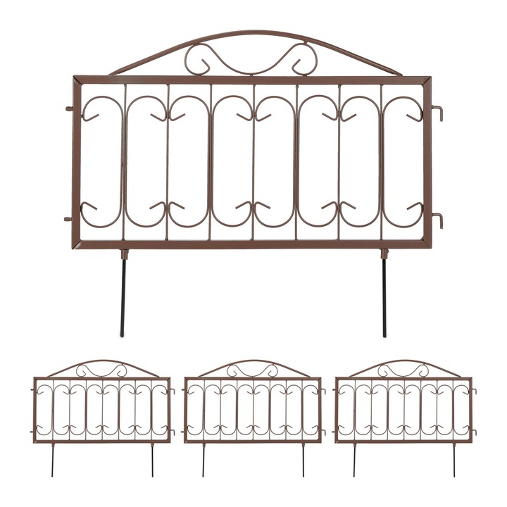 Gard decorativ din 4 piese, cu infingere in sol, fier, Relaxdays, 46 x 57 x 1.5 cm, maro