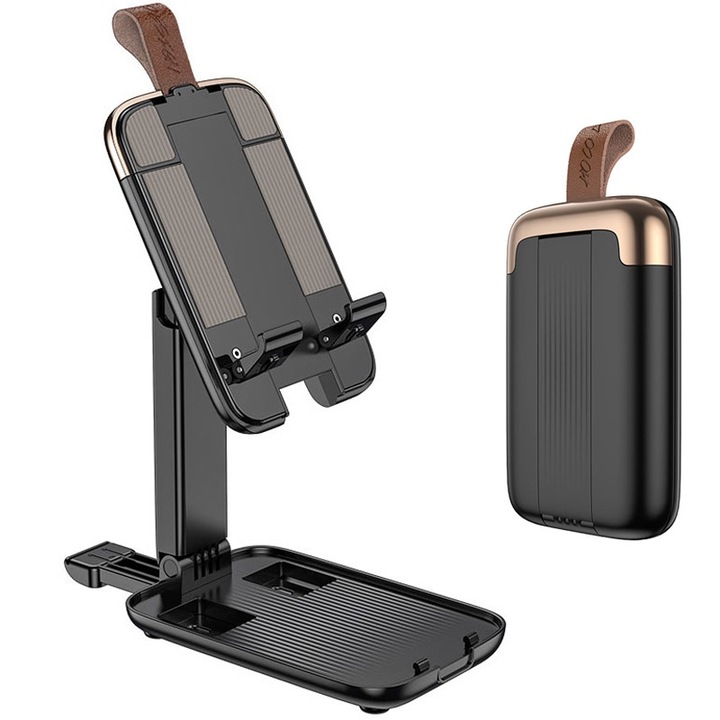 Suport Birou Hoco S28, pentru Telefon si Tableta, Unghi ajustabil, Compact, Protectie silicon, Metal, Negru