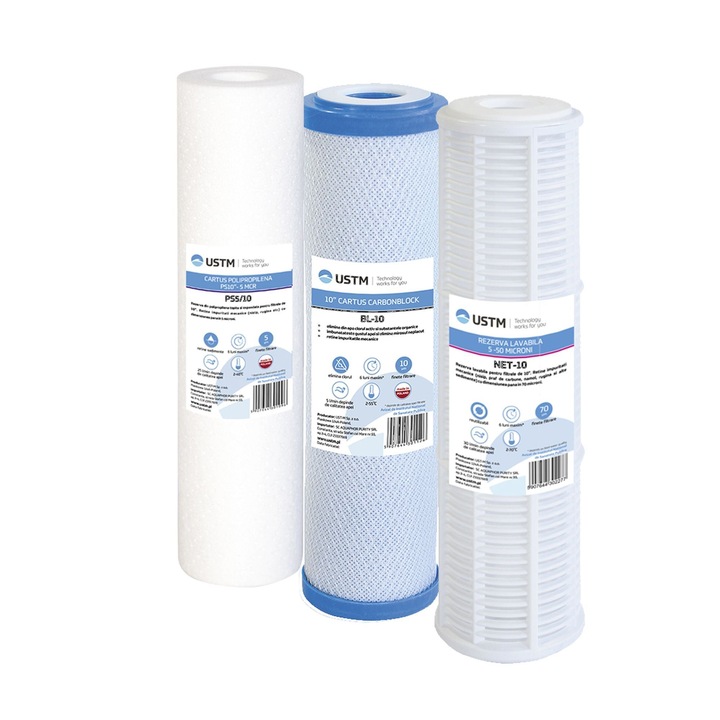 Cartuse filtru apa 10", filtrare sedimente, lavabil 70 μ, PPR 5 μ, carbune activ 10 μ (set 3 buc)