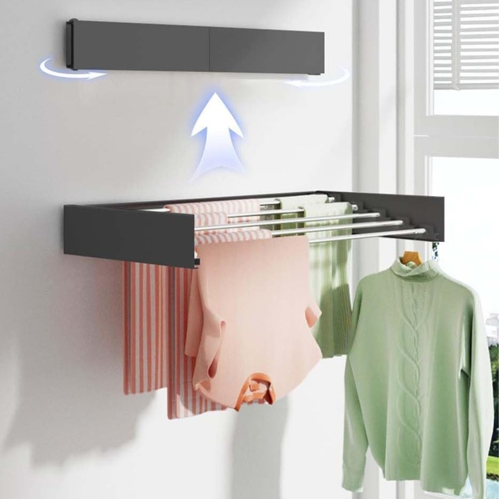 Uscator de Rufe Pliabil, Bezubi FlexDry, Montare Perete, Retractabil. Usor de instalat, Design Compact, Capacitate uscare 8.4 m, Sustine pana la 30 de kg, Metalic vopsit electrostatic Pentru Interior si Exterior, 120 cm. Gri