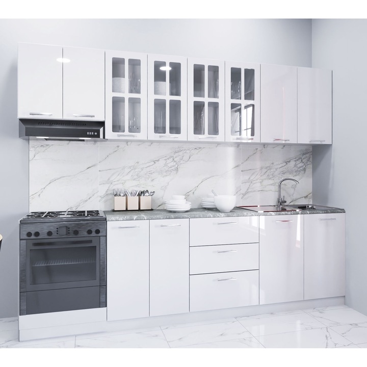 Set mobilier bucatarie MDF, BadenMob, vopsit ultralucios, seria Iris, 260.01cm, Alb
