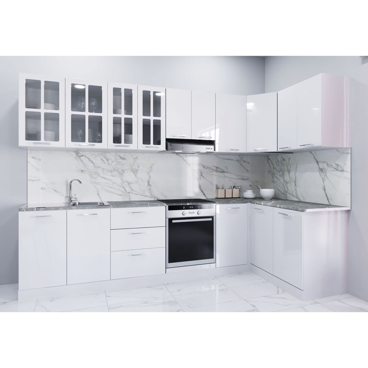 Set mobilier bucatarie colt MDF, BadenMob, vopsit ultralucios, seria Iris, 300x140cm, Alb