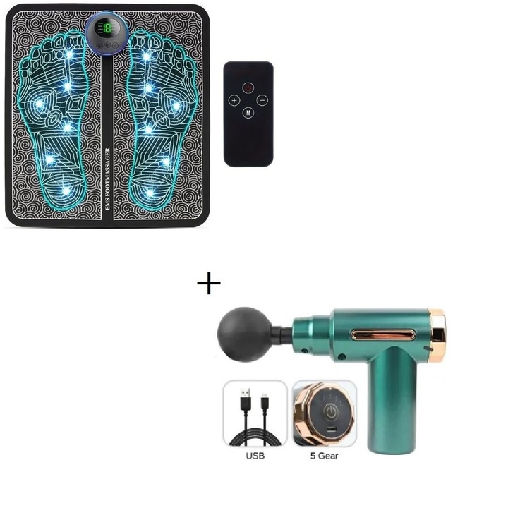 Set Aparat EMS Pentru Picioare Si Mini Pistol De Masaj Muscular:19 Intensitati, 8 Moduri Stimulare Musculara, Telecomanda – 5 Trepte de Viteza, Design Elegant, Negru Si Verde, MeK Fine