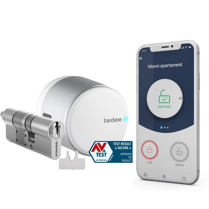 Yala inteligenta Tedee Go, acces fara cheie, Bluetooth, 30-61 mm/37-68 mm, argintie