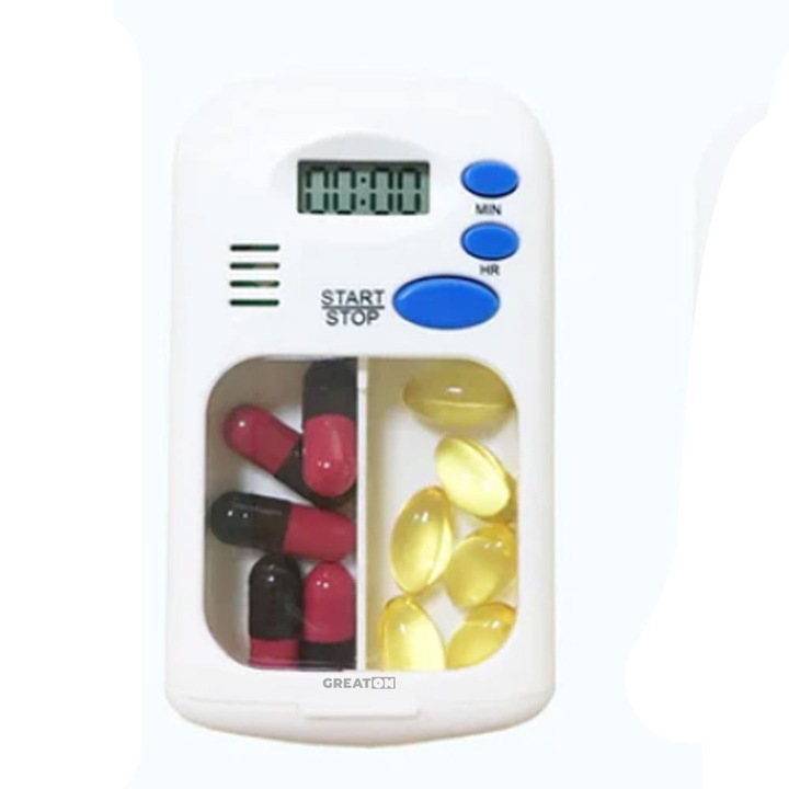 Organizator Electronic GREATON De Medicamente Cu Alarma Si Ceas, Ideal Pentru Adulti Si Varstnici, Portabil, Baterie, Alb