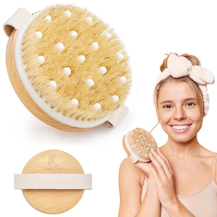Perie din lemn pentru corp Regal Bliss ®, ideala pentru masaj corporal, exfoliere si anti celulita, cu noduli de masaj moi, perie pentru dus, scrub pentru corp, usor de curatat, cu peri 100% naturali din par de porc, 11x11cm, Maro