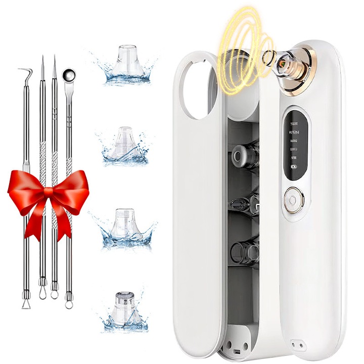 Aparat indepartat puncte negre, de grasime, cu vacuum Xenomo® PURE GLOW, Pentru ingrijire faciala, 5 Nivele Ajustabile, Incarcare Wireless, Instrumente Metalice Incluse