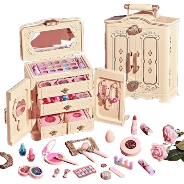 Детски комплект гримове WePro Store, XXL модел на шкаф с 66 козметични елемента и аксесоари, лесен за съхранение и транспортиране, нетоксичен, розов, 3 години +