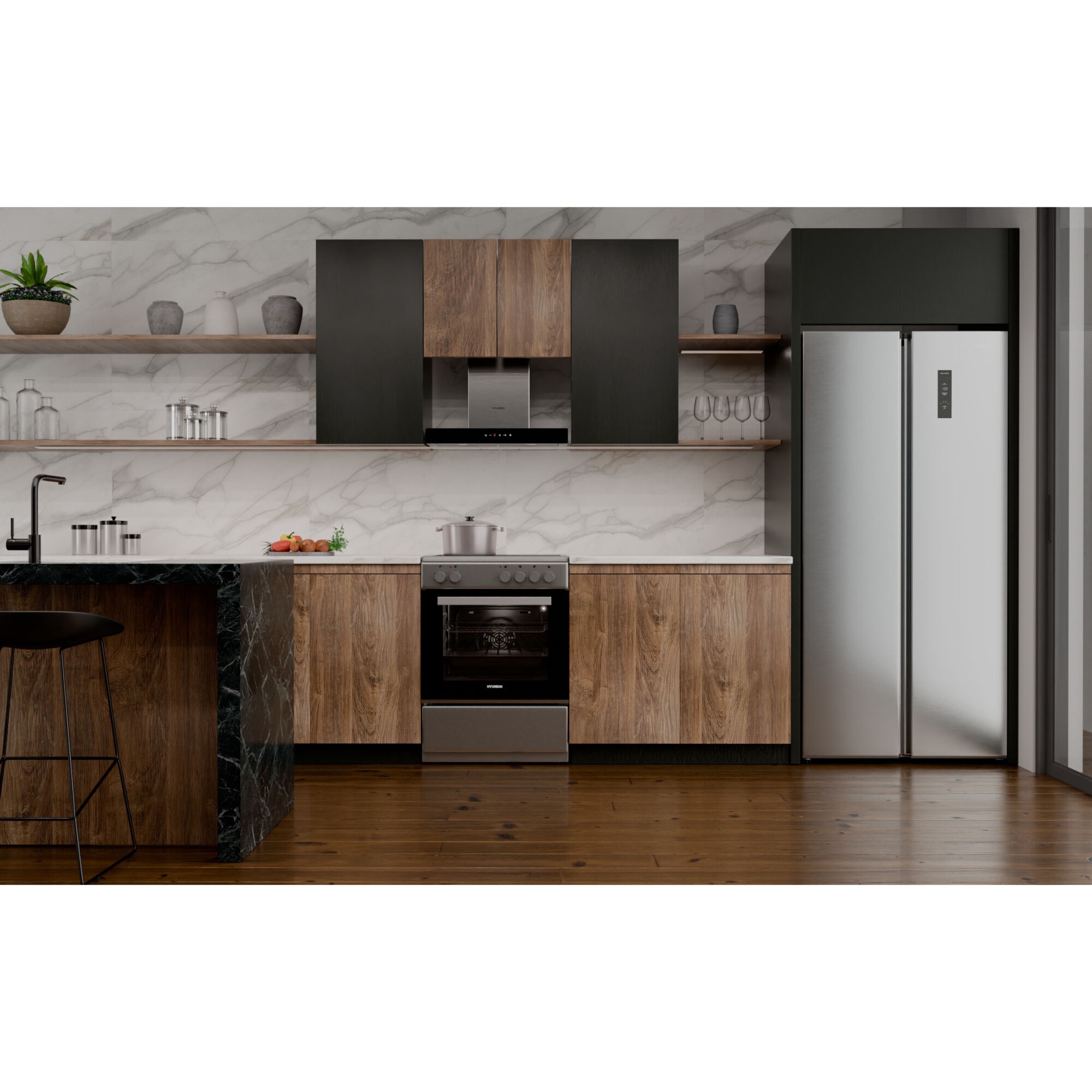 Aragaz Hyundai HCVC24V-7260VS/S, electric, Plita vitroceramica, Latime 60 cm, 69L, Inox/Negru