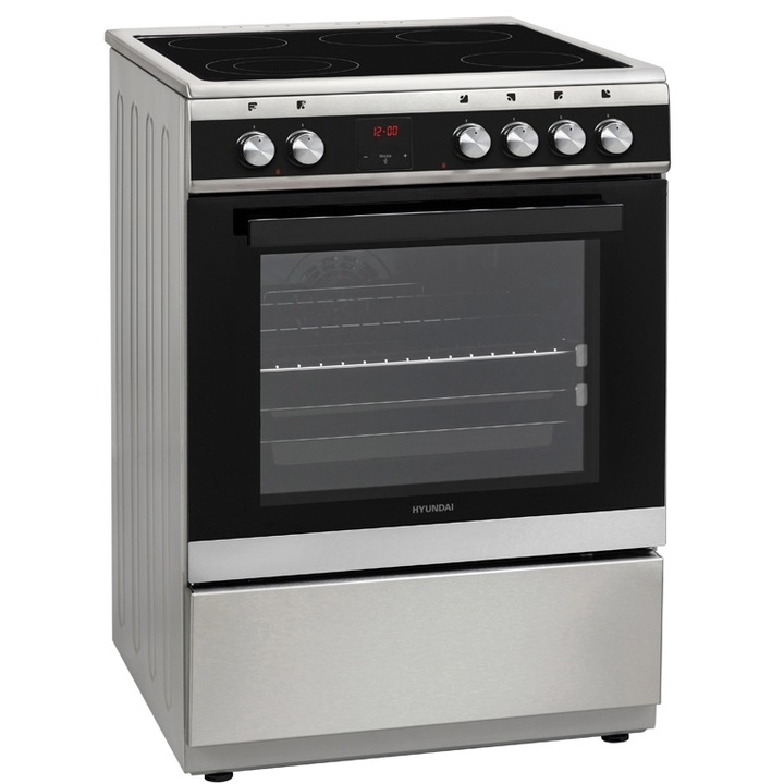 Hyundai HCVC23-7260V/XP tűzhely, elektromos, Üvegkerámia főzőlap, 60 cm, 69L, Airfry, Rotisserie, Nyomógombok, Rozsdamentes acél/fekete