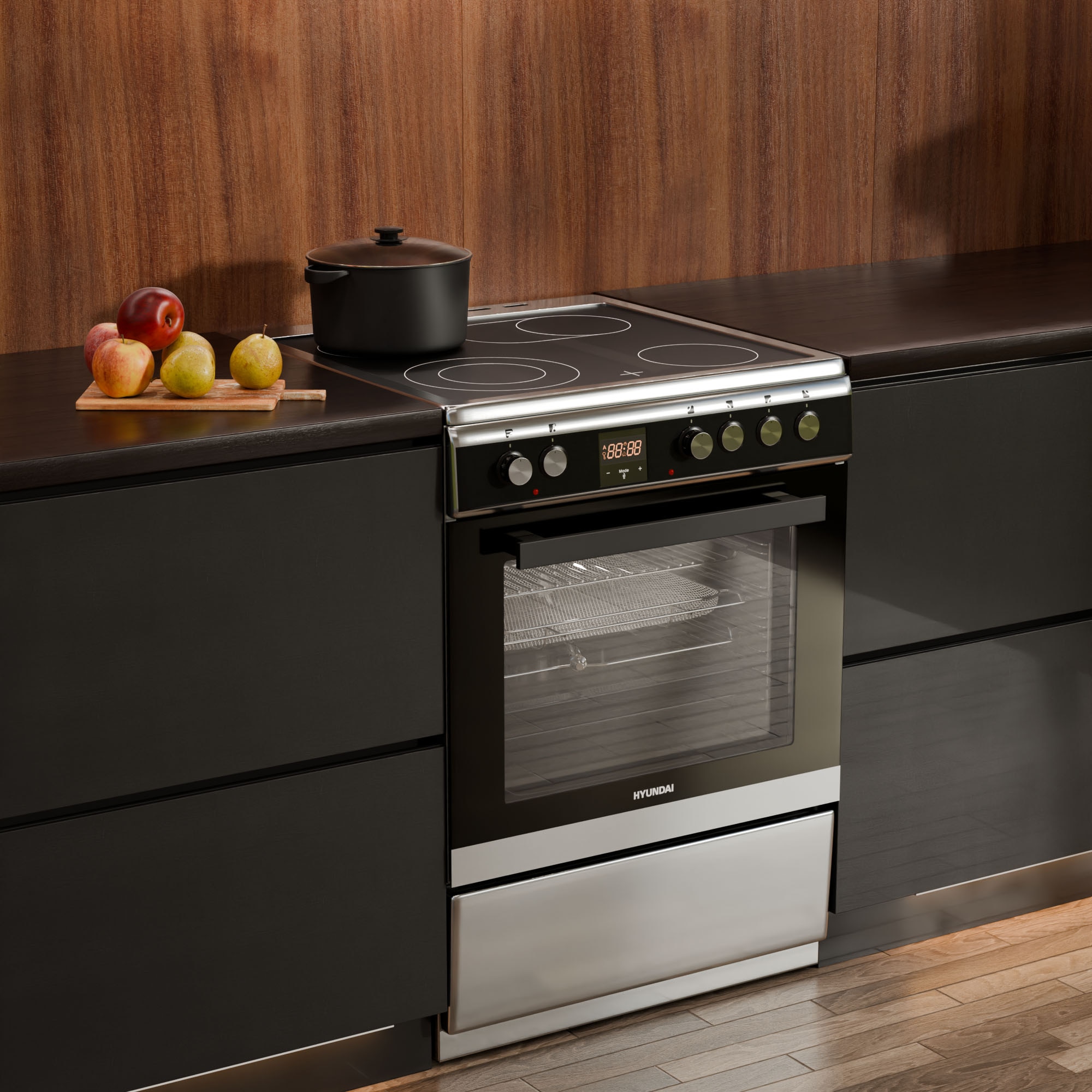Aragaz Hyundai HCVC23-7260V/XP, electric, Plita vitroceramica, 60 cm, 69L, Airfry, Rotisor, Butoane push-hide, Inox/Negru