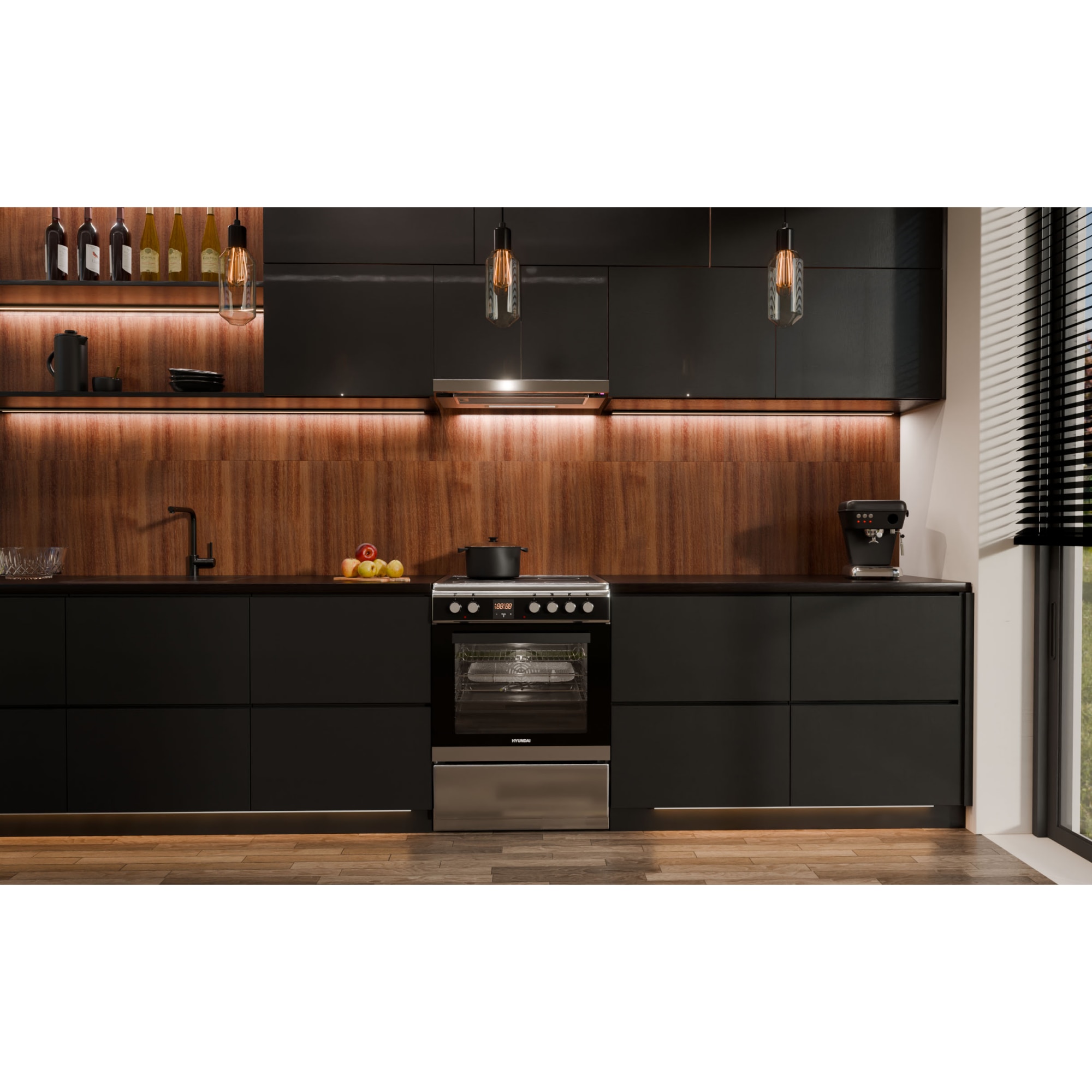 Aragaz Hyundai HCVC23-7260V/XP, electric, Plita vitroceramica, 60 cm, 69L, Airfry, Rotisor, Butoane push-hide, Inox/Negru