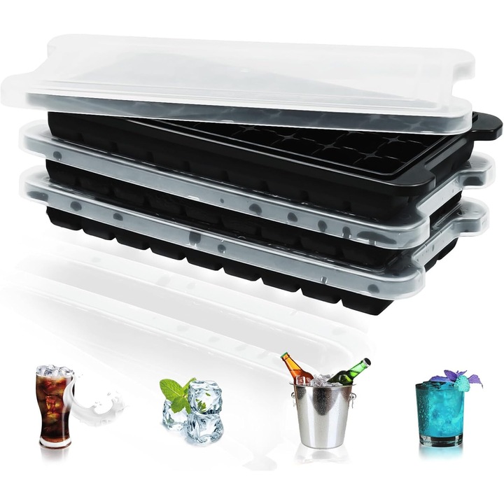 Set forme cuburi de gheata, 36 compartimente, 3 bucati, negru, 28x11,8x8,5cm
