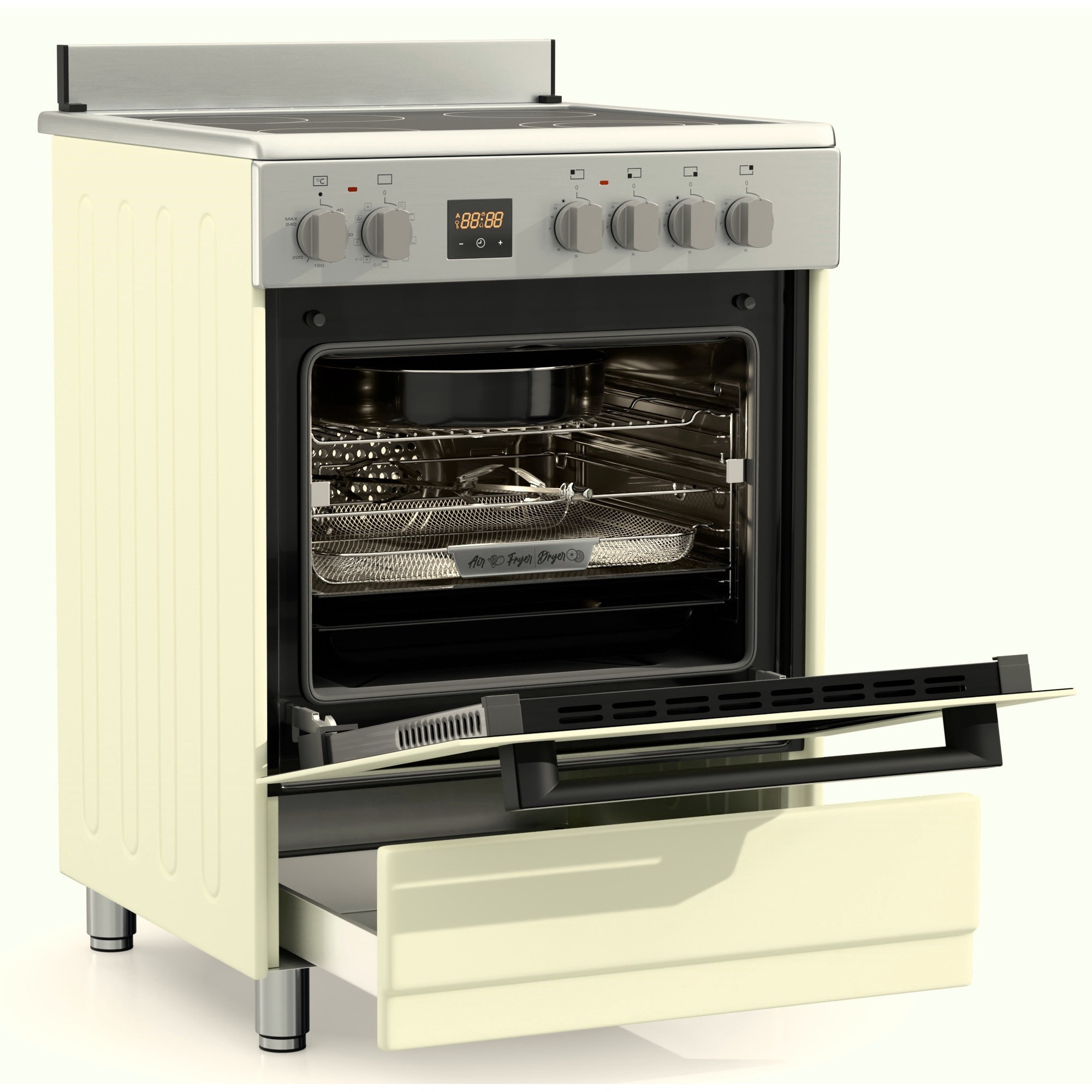 Aragaz Hyundai HCVR24S-6060V/BZ, 4 zone de gatit, Electric, Plite Vitroceramice, Latime 60 cm, Inaltime 90 cm, Airfry, Rotisor, Constructii grele semi-profesionale, Crem