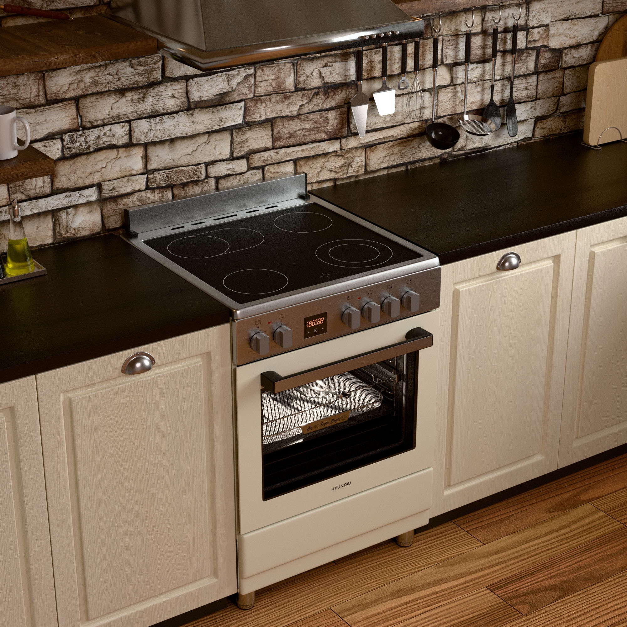 Aragaz Hyundai HCVR24S-6060V/BZ, 4 zone de gatit, Electric, Plite Vitroceramice, Latime 60 cm, Inaltime 90 cm, Airfry, Rotisor, Constructii grele semi-profesionale, Crem