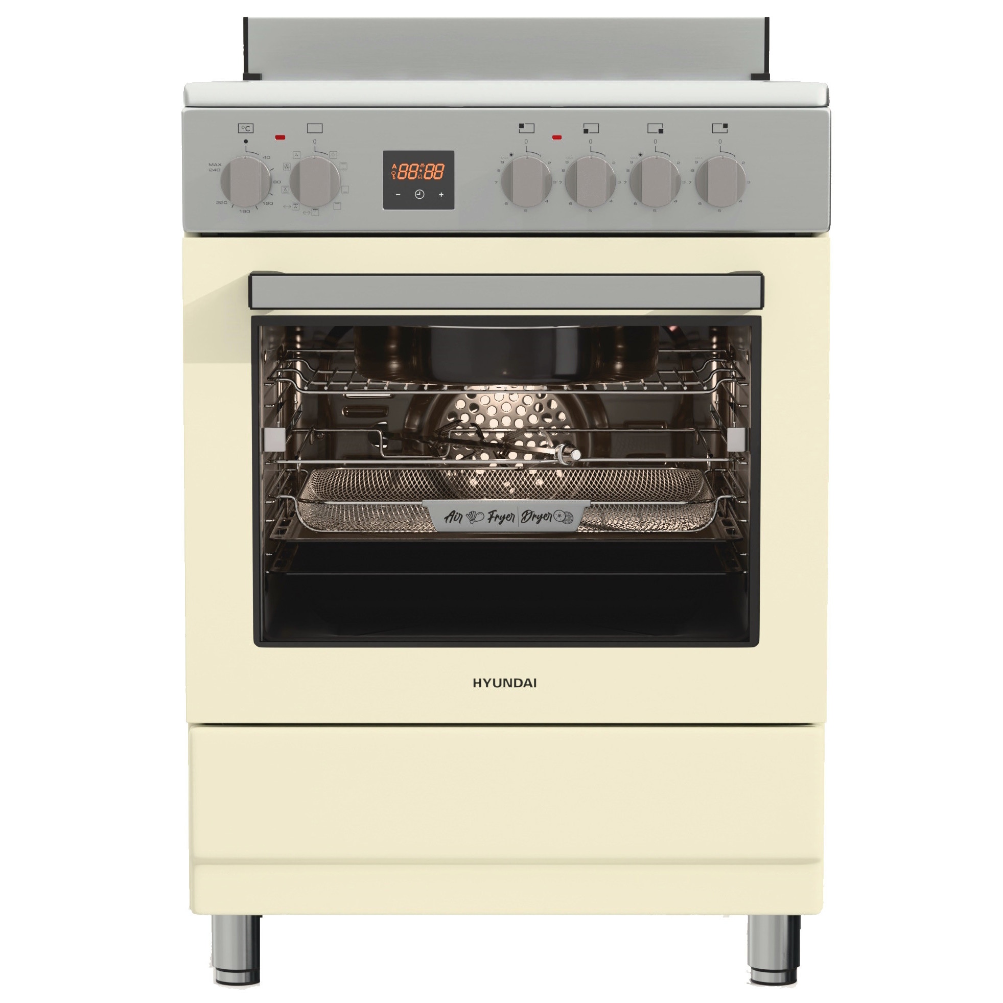 Aragaz Hyundai HCVR24S-6060V/BZ, 4 zone de gatit, Electric, Plite Vitroceramice, Latime 60 cm, Inaltime 90 cm, Airfry, Rotisor, Constructii grele semi-profesionale, Crem