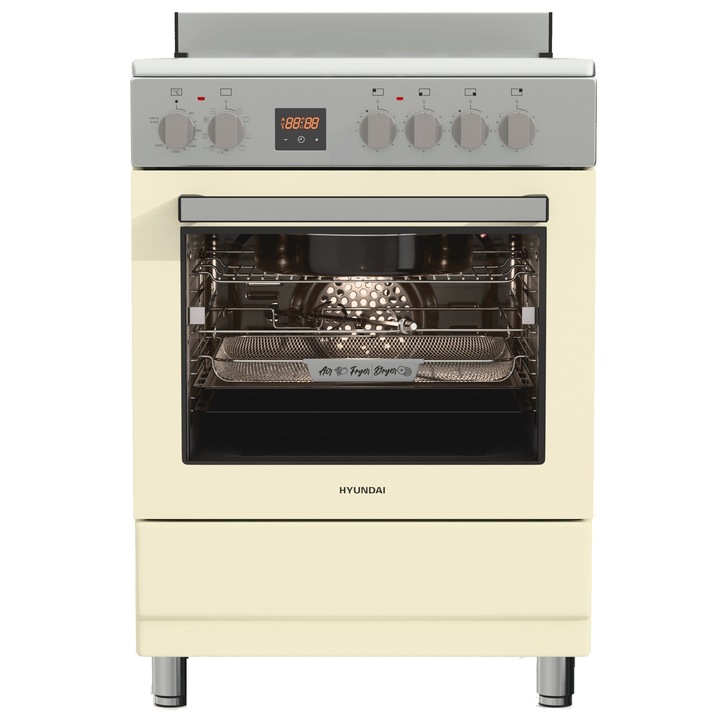 Aragaz Hyundai HCVR24S-6060V/BZ, 4 zone de gatit, Electric, Plite Vitroceramice, Latime 60 cm, Inaltime 90 cm, Airfry, Rotisor, Constructii grele semi-profesionale, Crem
