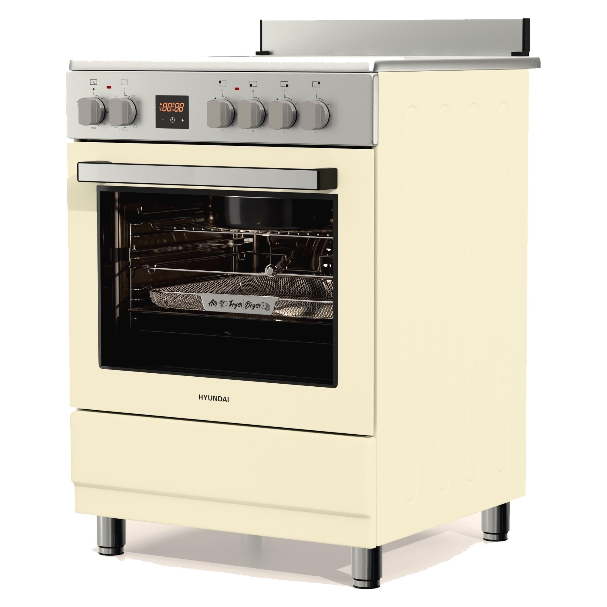 Aragaz Hyundai HCVR24S-6060V/BZ, 4 zone de gatit, Electric, Plite Vitroceramice, Latime 60 cm, Inaltime 90 cm, Airfry, Rotisor, Constructii grele semi-profesionale, Crem