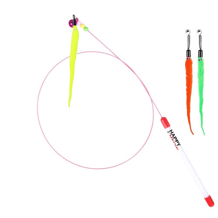 Jucarie interactiva pentru pisici Viermisorul Atractiv Happy Meow, 2 rezerve, clopotel, culori atractive