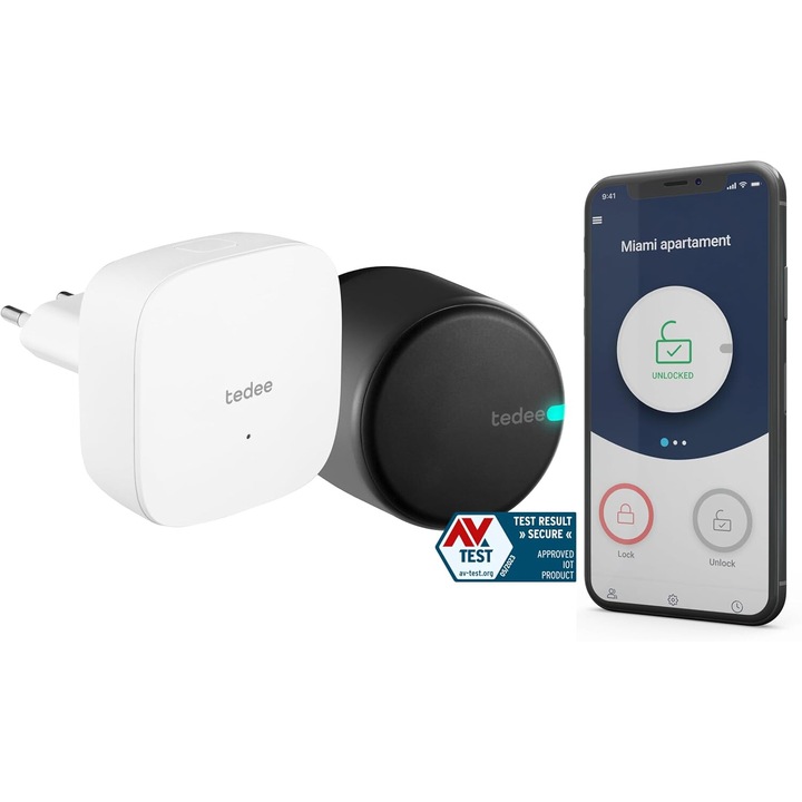 Yala inteligenta Tedee Go, deschidere prin aplicatie WiFi si Bluetooth, functie auto-deblocare, neagra, pentru cilindri Euro