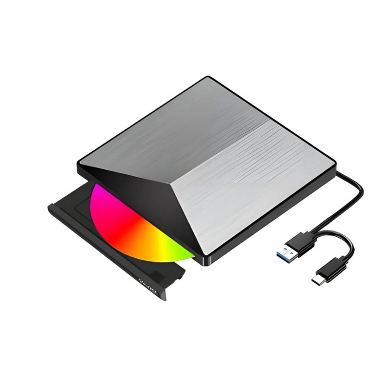 Külső optikai meghajtó NewEvo 2 az 1-ben, USB 3.0 és USB-C 3.1, DVD CD-RW, Driver laptophoz, Plug & Play, alumínium