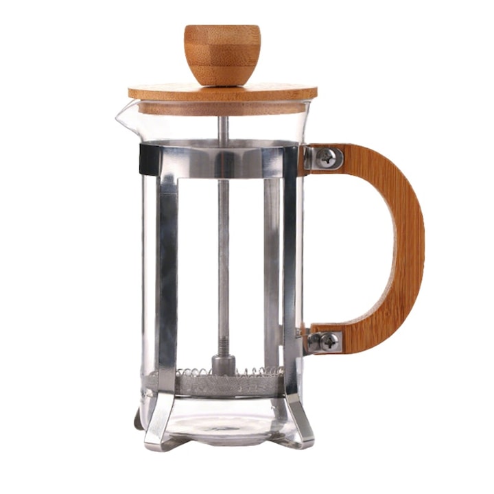 Френска преса за кафе с дървен капак, Momcbebe, 1000 ml, боросиликатно стъкло, взривозащитена и топлоустойчива, прозрачна