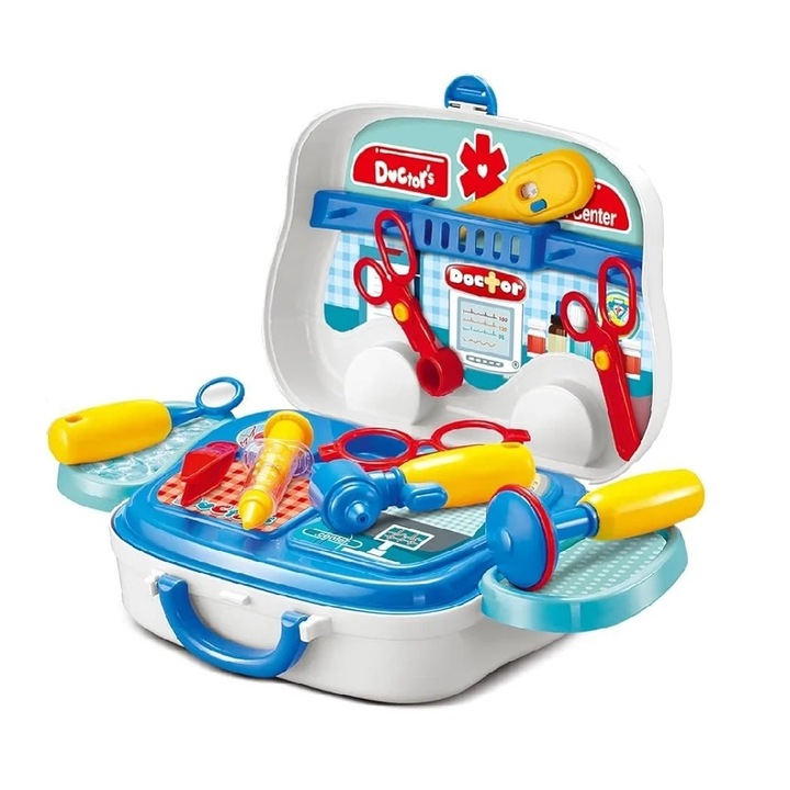 Set trusa medicala de jucarie, pentru copii 3 ani+, cu 15 accesorii, 22 x 10 x 24 cm, alb-albastru