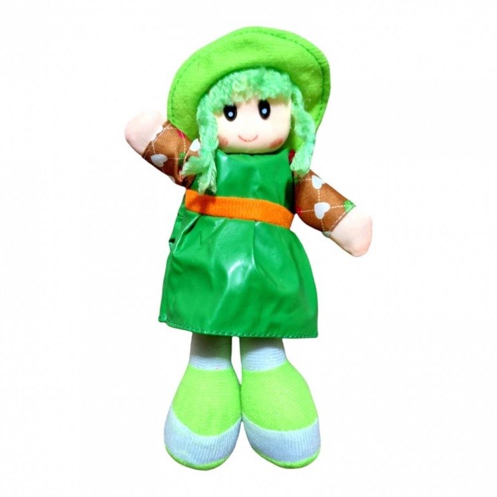 Textil baba kalappal, musical, 21 cm, zöld