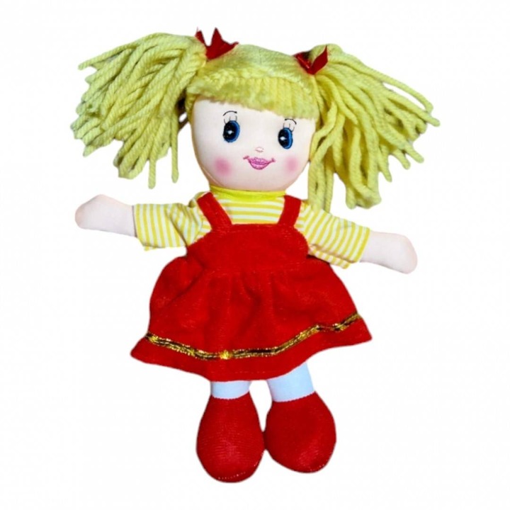 Textil baba hímzett részletekkel, piros sundress, 28 cm