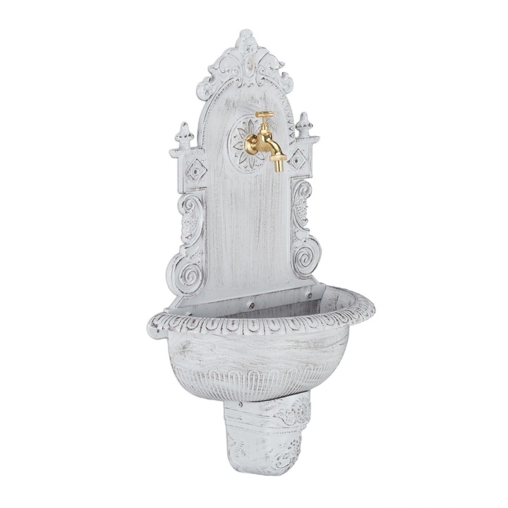 Fantana antica de gradina, din aluminiu, cu robinet auriu, Relaxdays, dimensiuni aprox. 75 x 44 x 22 cm, alb