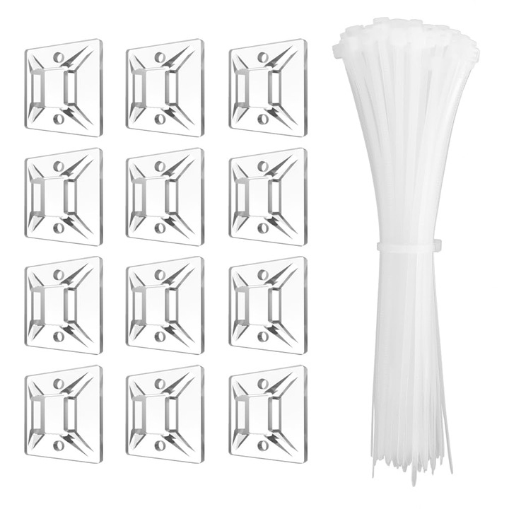 Set organizatoare cabluri, 120 bucati legatori cabluri 150mm si 120 bucati suporturi autoadezive transparente 20mm, nylon, alb