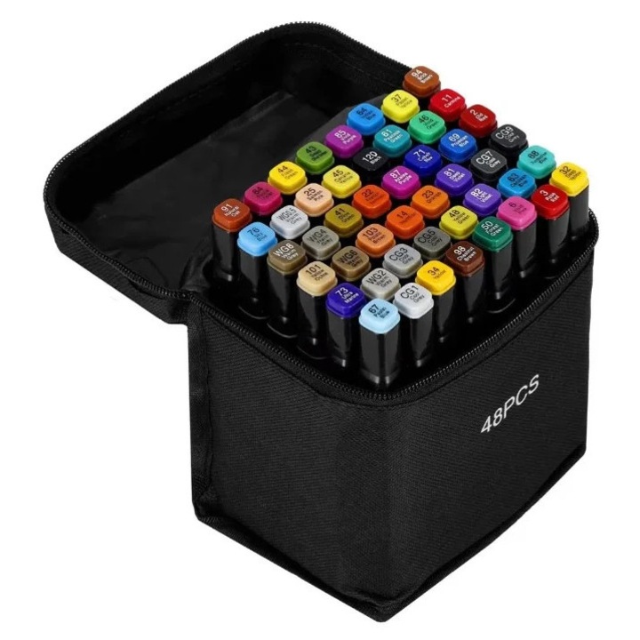 Set 48 de Carioci/markere cu varf dublu si geanta de depozitare inclusa