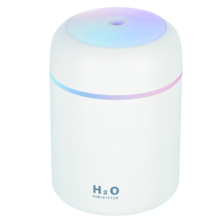 VarioShop® мини овлажнител за въздух, RBG осветление, 4 филтъра, ултра-преносим, за спалня, офис, всекидневна, 300 ml резервоар, micro-USB захранване, 11,5 x 8 cm, бял